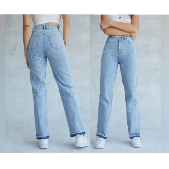 Playboy x Pacsun Raining Bunnies Sz 27 90’s Boyfriend Drop Hem Jeans 100% Cotton - Picture 2 of 8